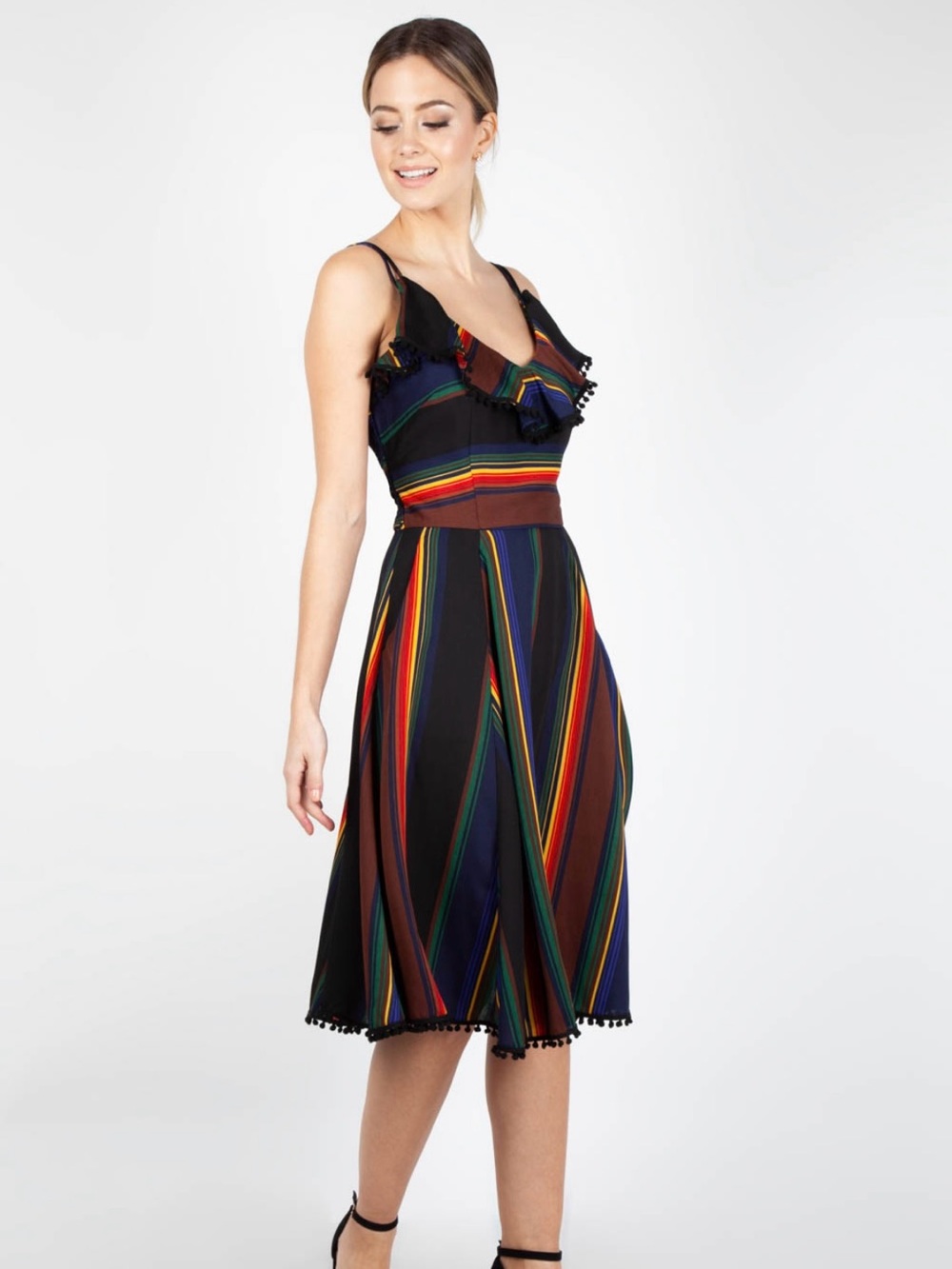Voodoo Vixen Black Midi Dress with Rainbow Diagonal Stripes